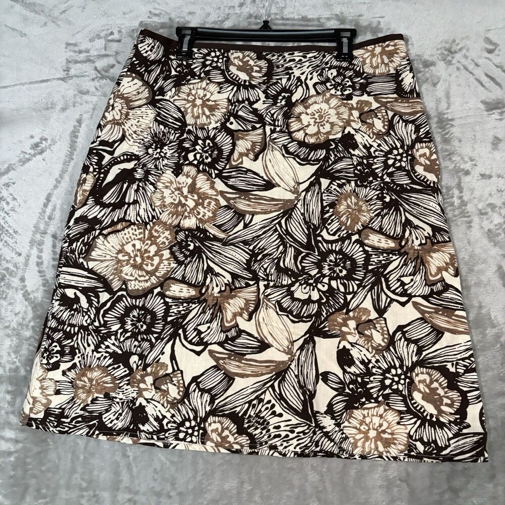 Cato Women’s Midi Skirt Brown Cream Floral A-Line Size 16 Linen Rayon Blend